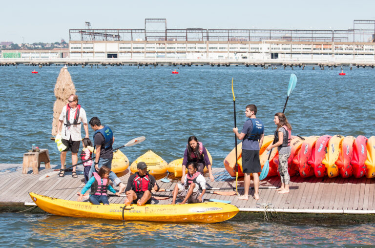 Kayakers prep to head into the Hudson River