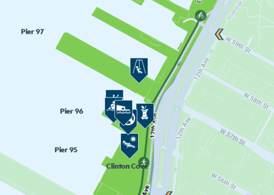 A section of the Hudson River Park map showing Piers 95, 96, and 97
