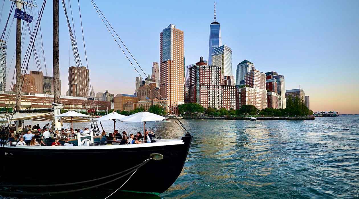 The bow of the restaurant and boat Grand Banks, where guests enjoy cocktails and oysters on the Hudson River