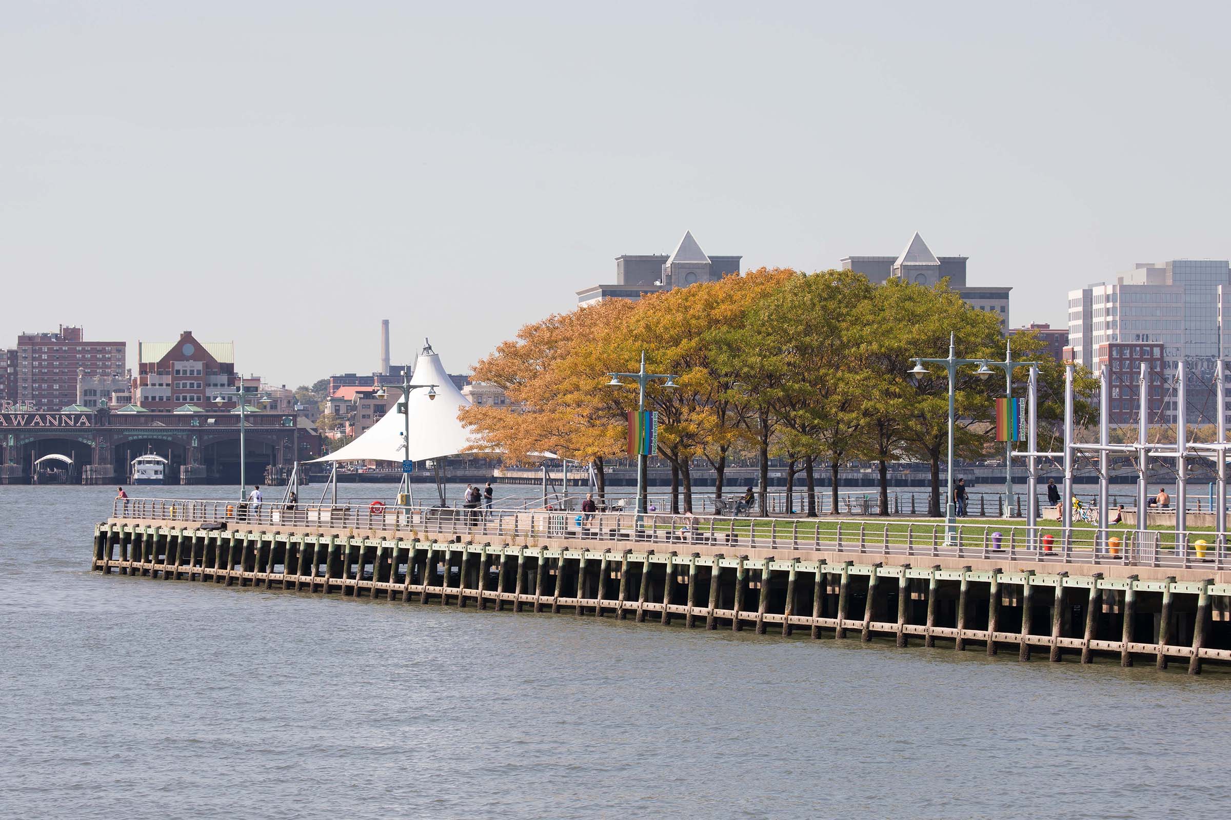 Fall colored trees align Pier 45 near the end of the pier