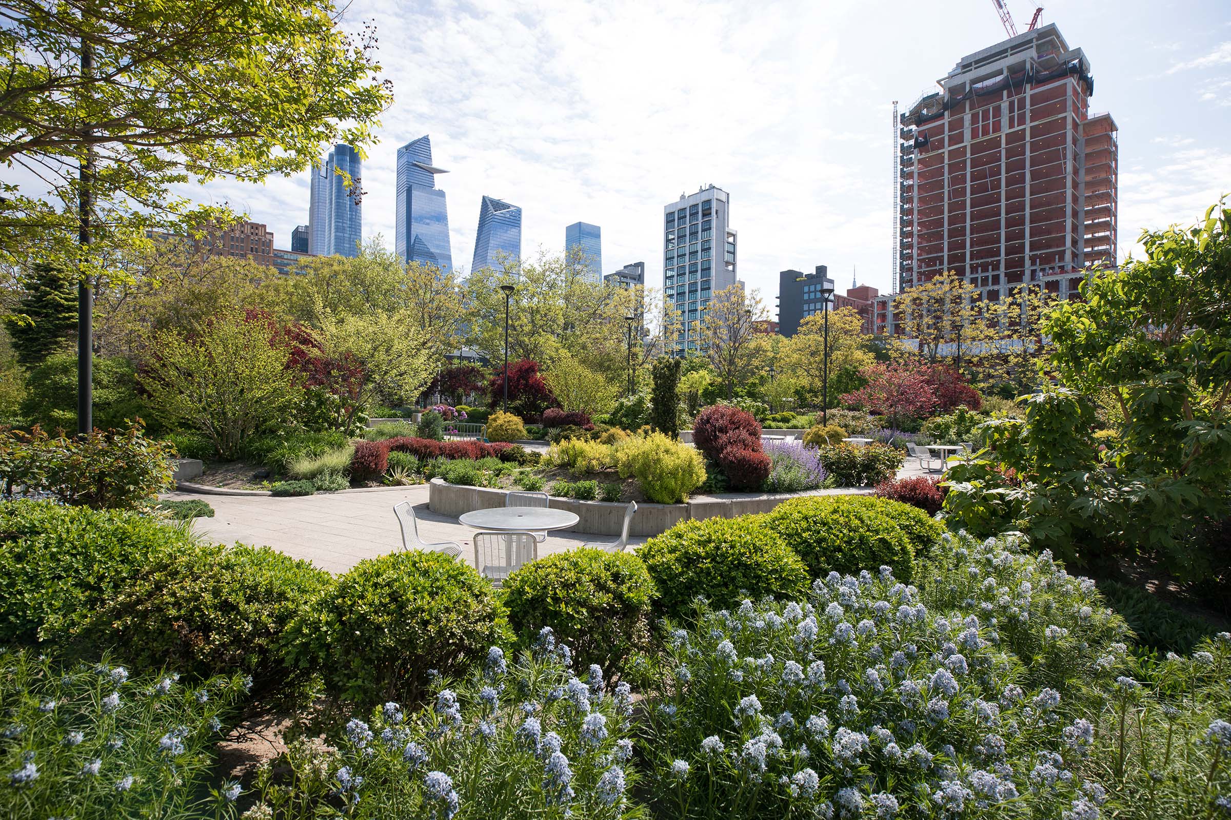 The Chelsea Entry Garden with purple flower sand red bushes with many green trees