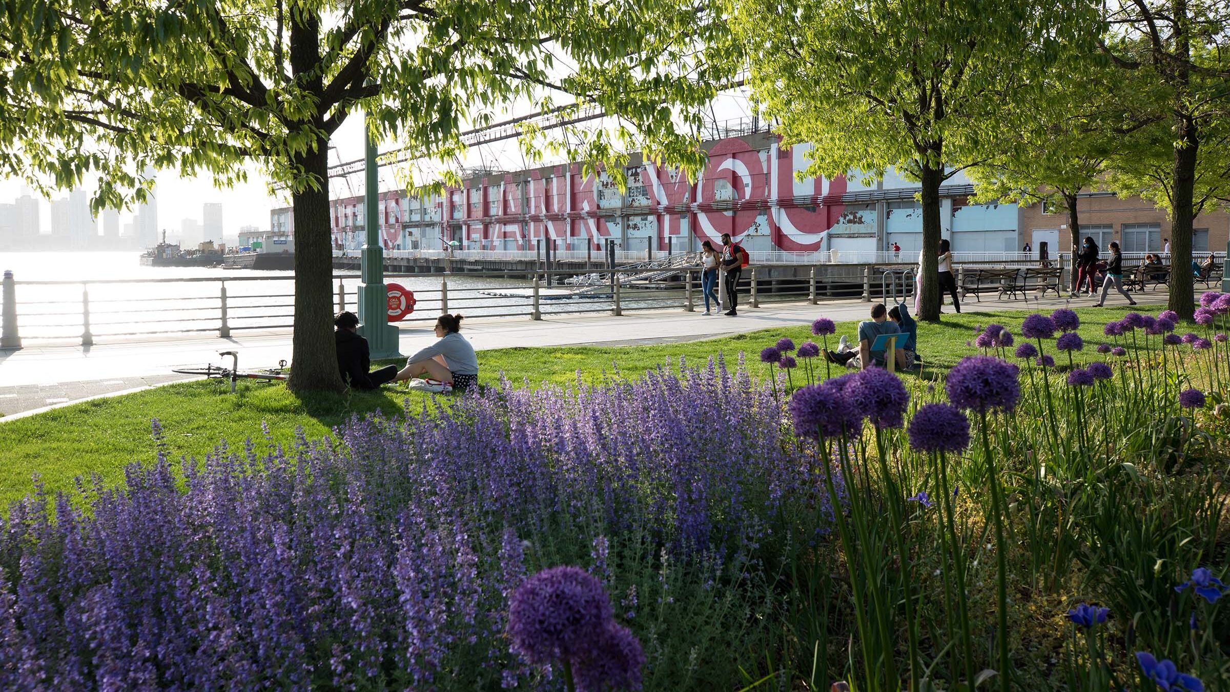 Park visitors enjoy lounging on the lawns in Tribeca in Hudson River Park