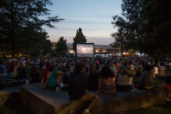 A large crowd sits on Pier 63 ready for the movie to begin in Hudson River Park