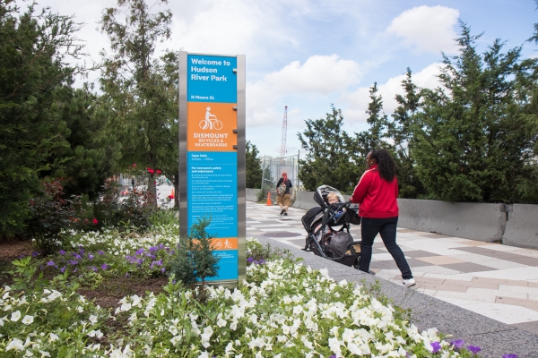 Welcome to Hudson River Park states one of the new signs around the Park