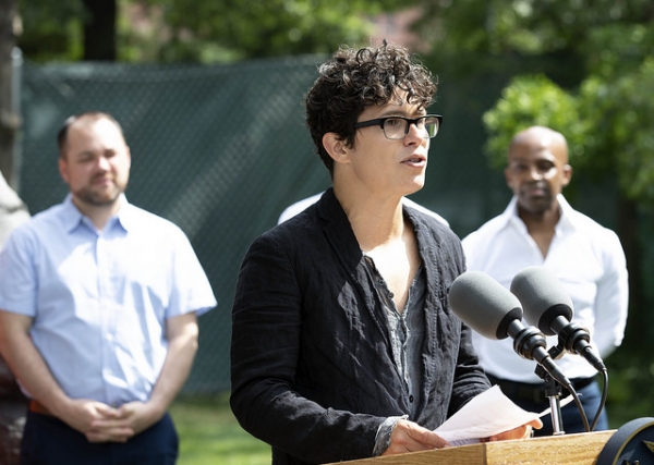 Anthony Goicolea shares a memory during the LGBT Memorial in Hudson River Park