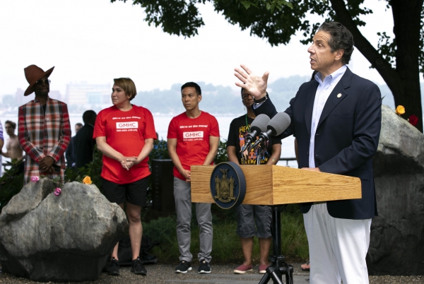 Governor Andrew Cuomo speaks during the LGBT Memorial ceremony in Hudson River Park