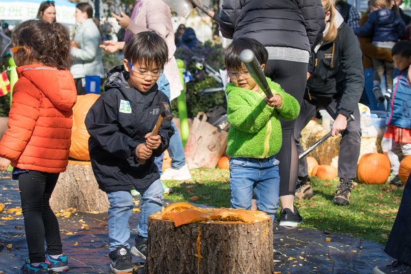 Two friends use bats and hammers to smash the pumpkins to be turned into compost