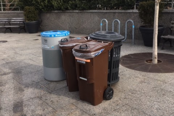 The trifecta of trash, compost and recycling bins throughout Hudson River Park