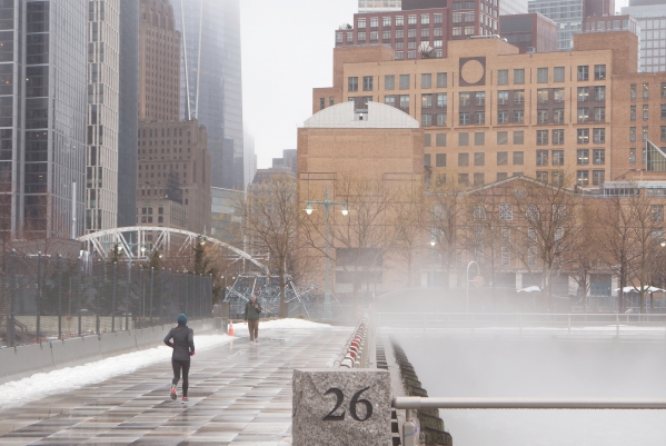 Snow falling along the esplanade near Pier 26 in Hudson River Park