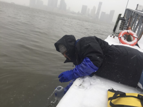 Scientist collecting a water sample in the river