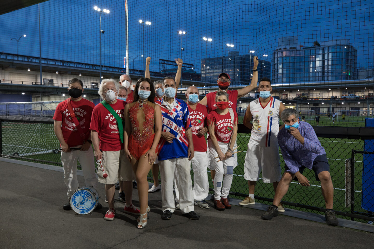 The group of musician from manahattan samba, pose at Pier 40