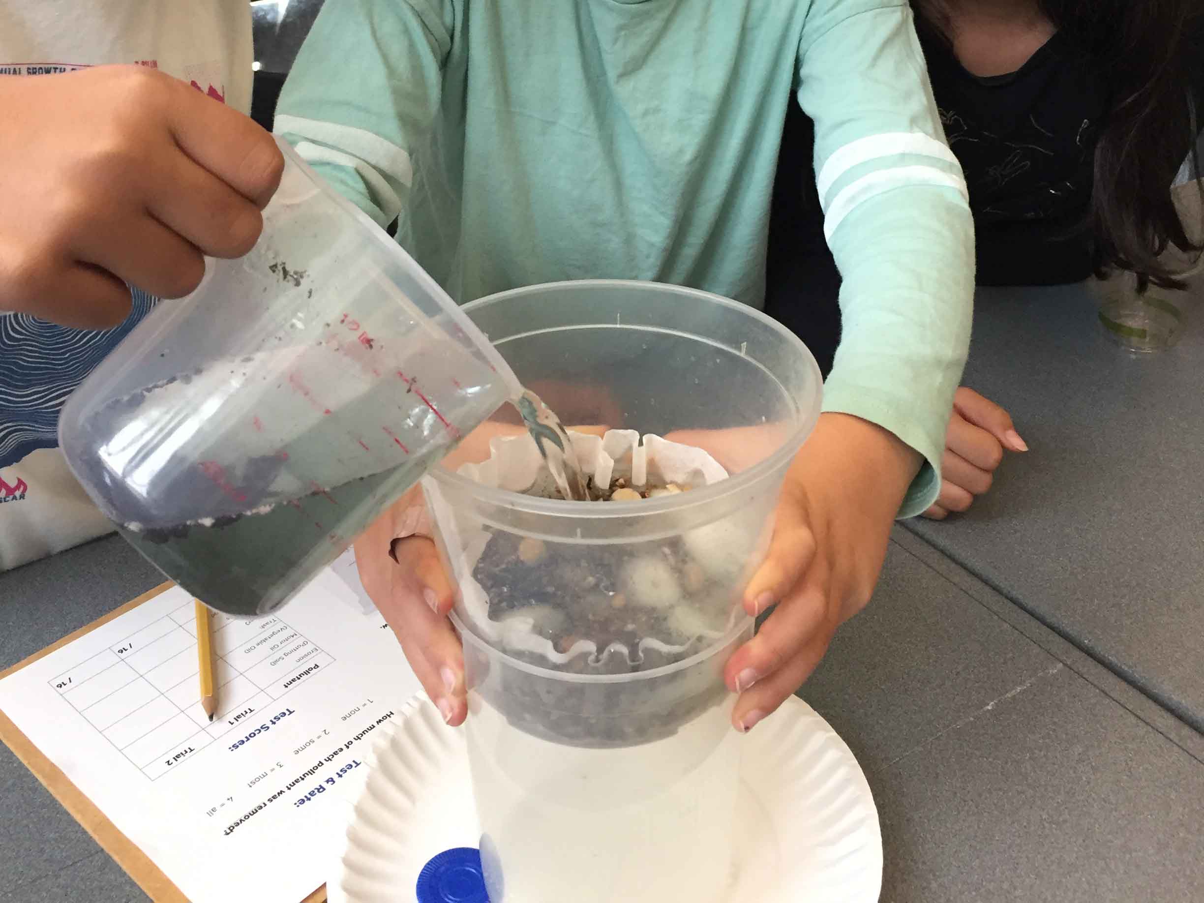Kids creating their own water filter