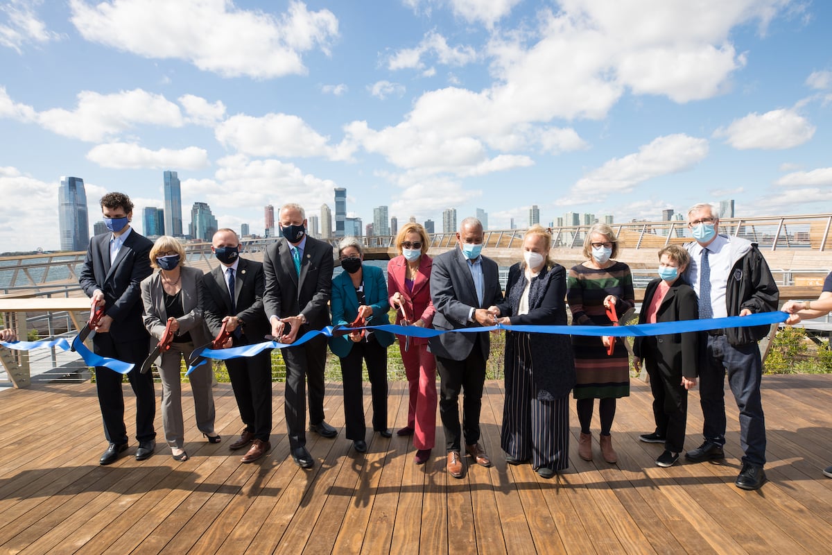 Ribbon cutting in commencement of Pier 26 opening, including members of the Hudson River Park Trust Board