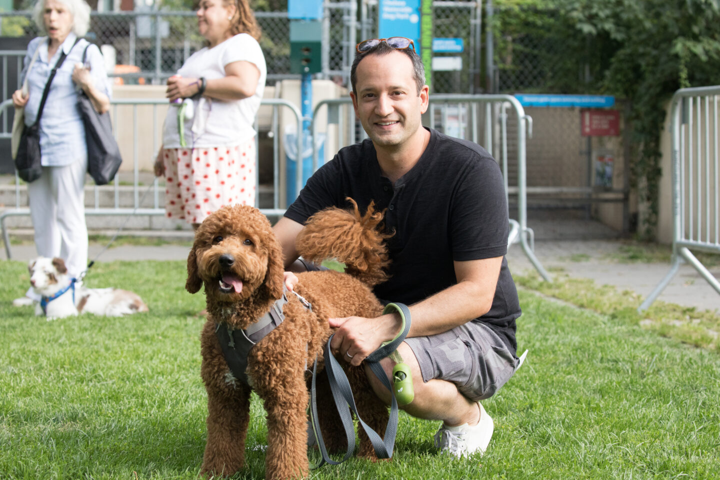 Greg Wasserman and his dog at Chelsea Waterside dog reception