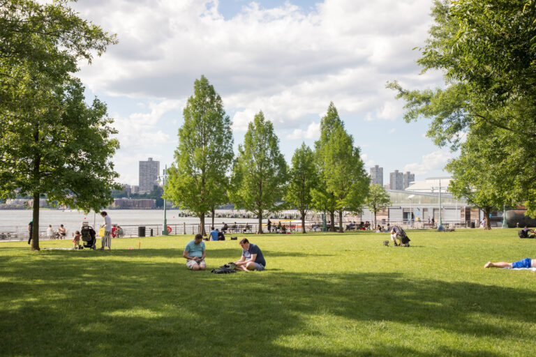 Park patrons relax on the Clinton Cove lawn at Hudson River Park