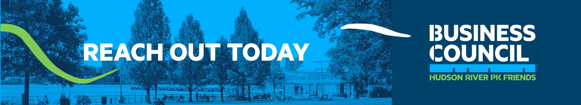Reach out today: Business Council Hudson River Park, stylized image showing trees with blue tint applied, interrupted by green and white squiggly lines