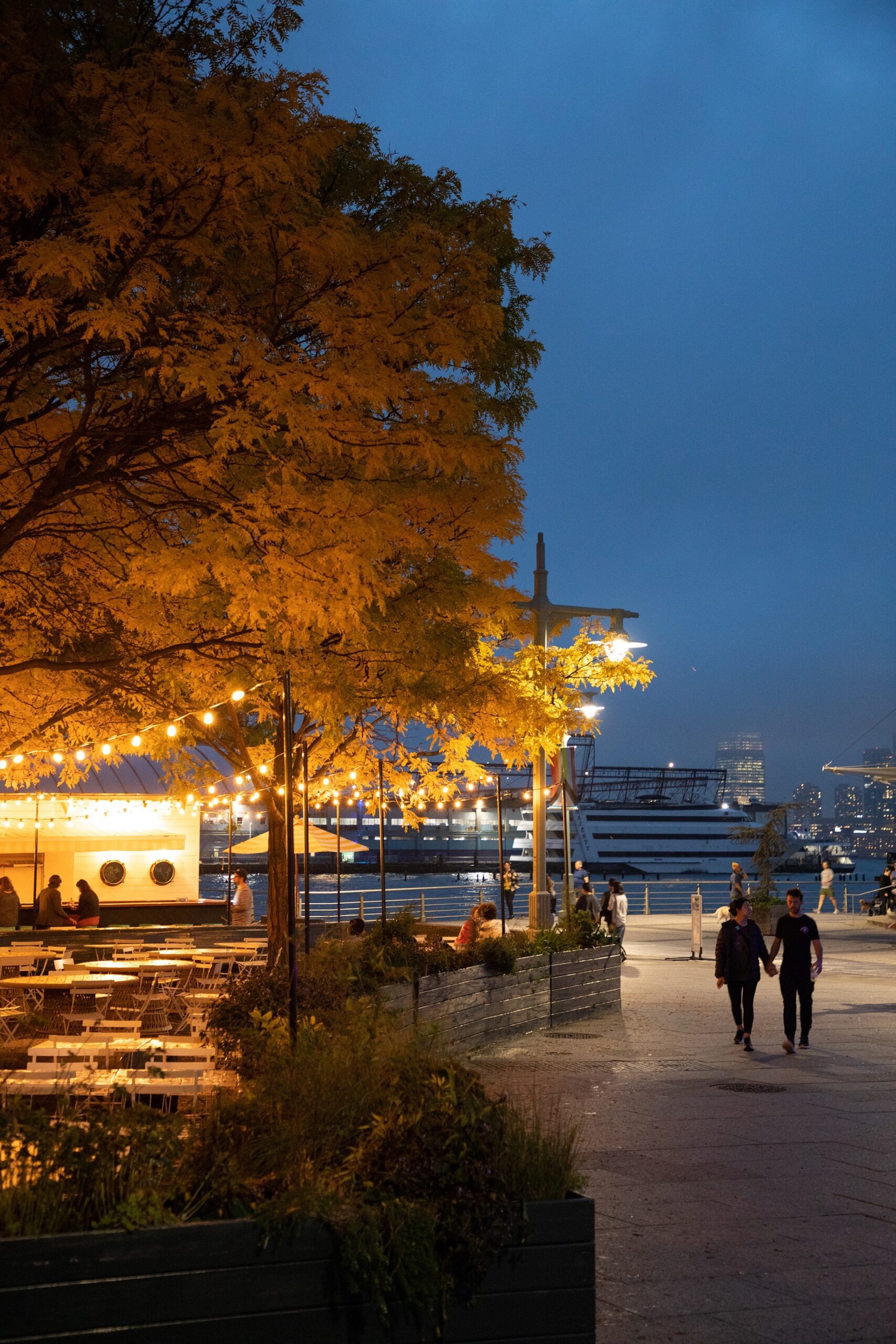 at dusk, lights from Drift In in Hudson River Park illuminate the bottom of a golden fall tree