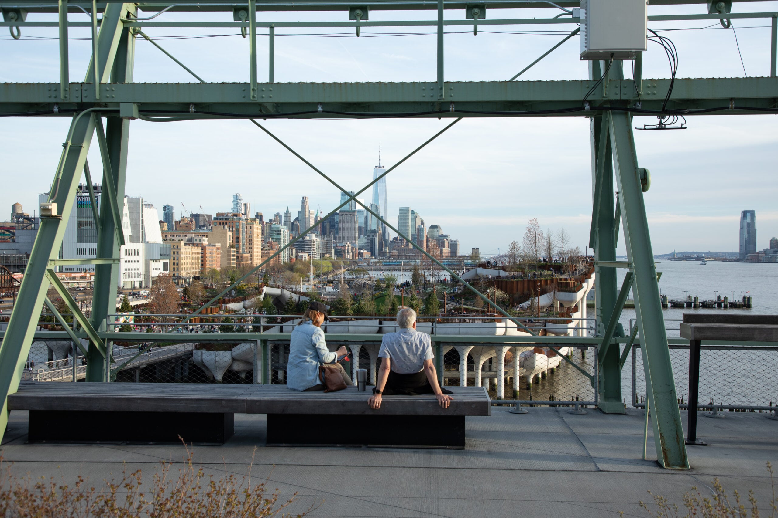 Pier 57 Rooftop south-facing view over Little Island and Lower Manhattan