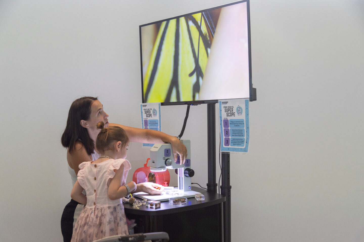 A parent and child look at a microscope slide on a digital screen