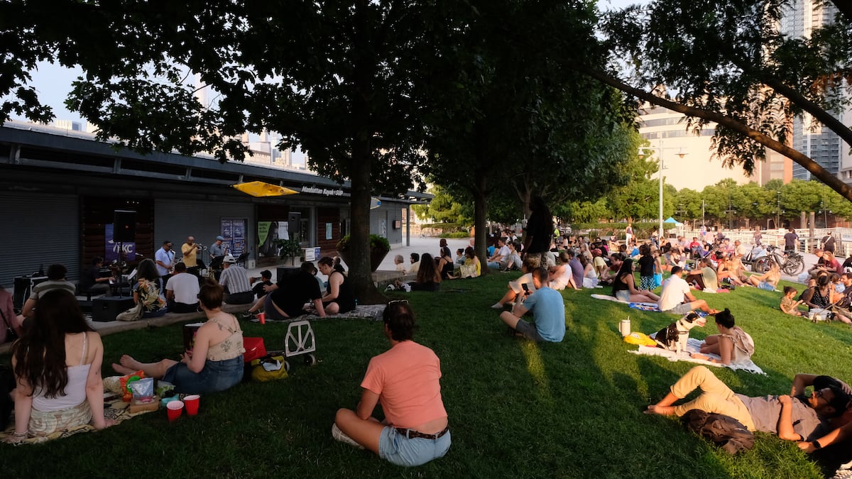 Park visitors sitting on the grass during a Jazz at Pier 84 concert from Salongo