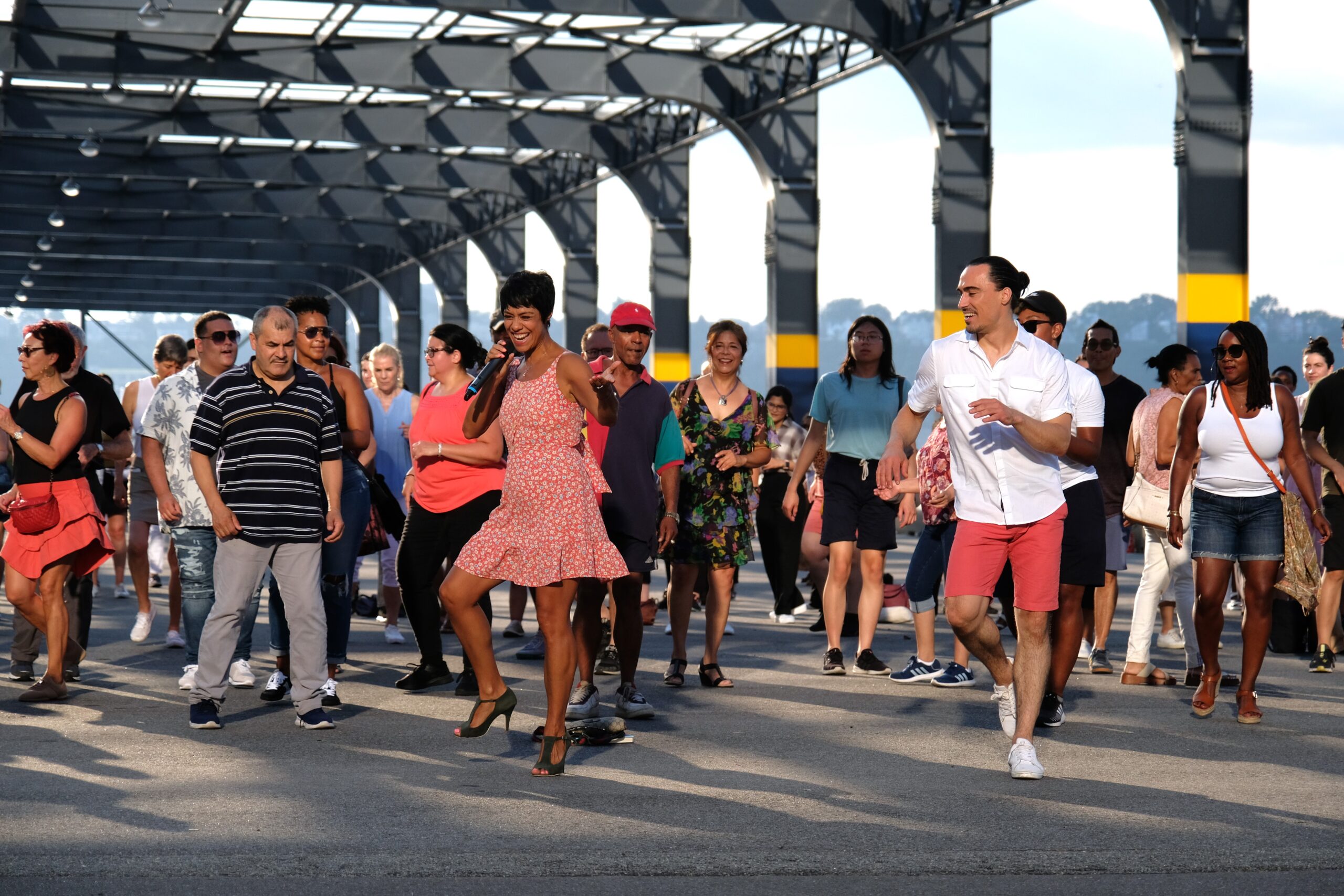 Talía Castro-Pozo leading a Sunset Salsa class on Pier 76
