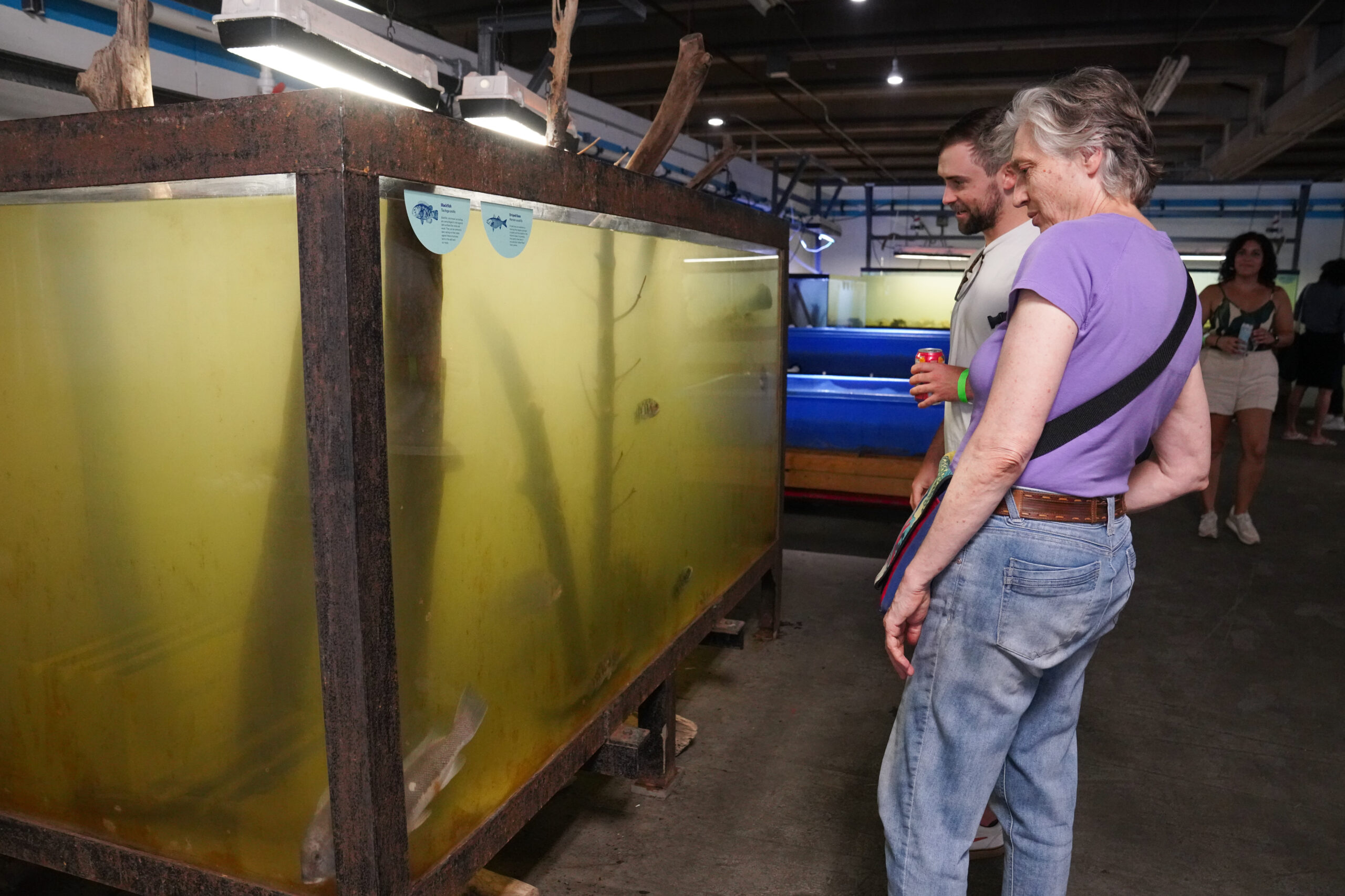 Two people look into an aquarium tank at the Pier 40 Wetlab during an Ask a Scientist event