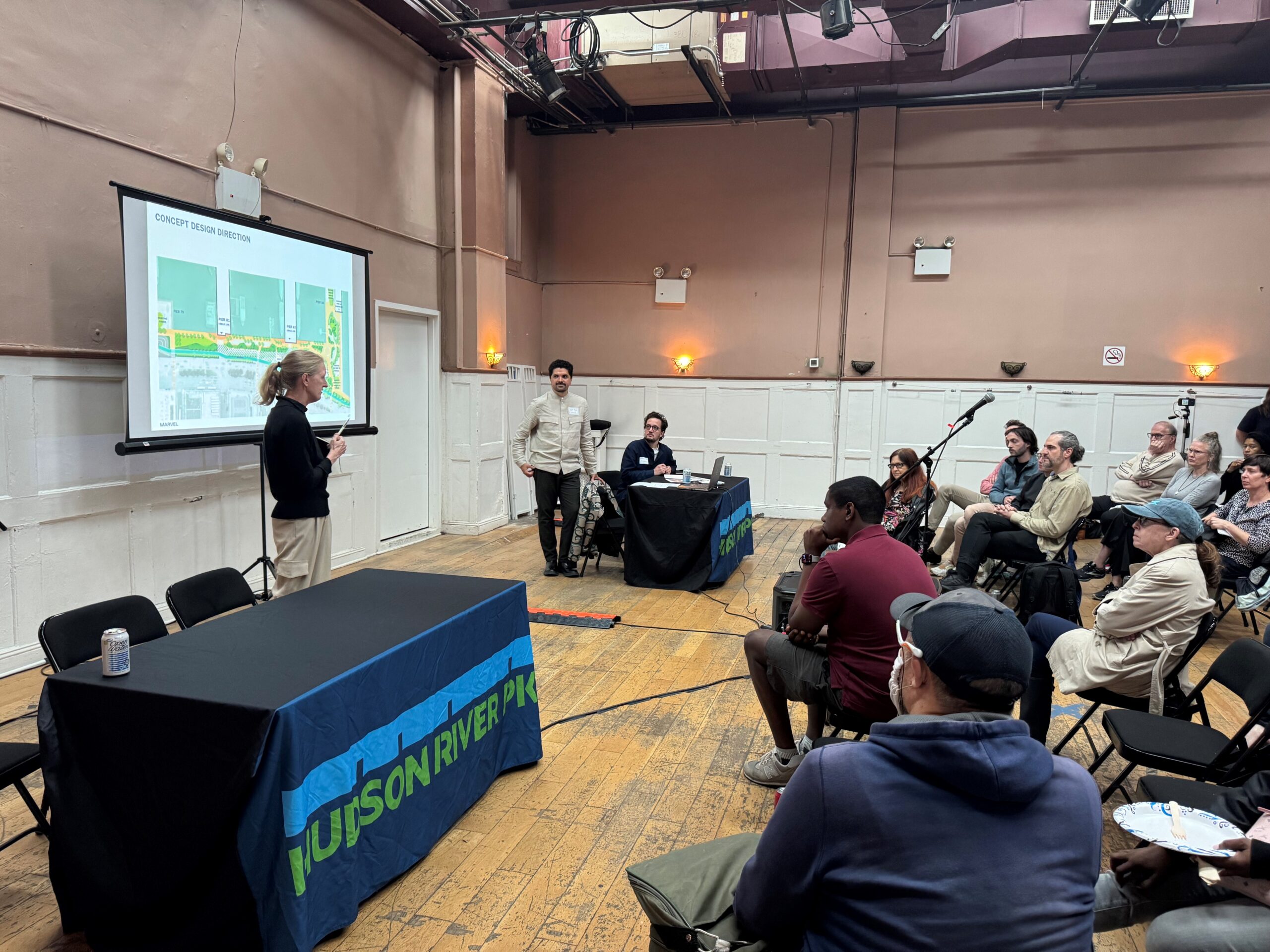 Hudson River Park Trust CEO Noreen Doyle addresses the audience at a W 29–W 44 Esplanade & Landscape Engagement Meeting