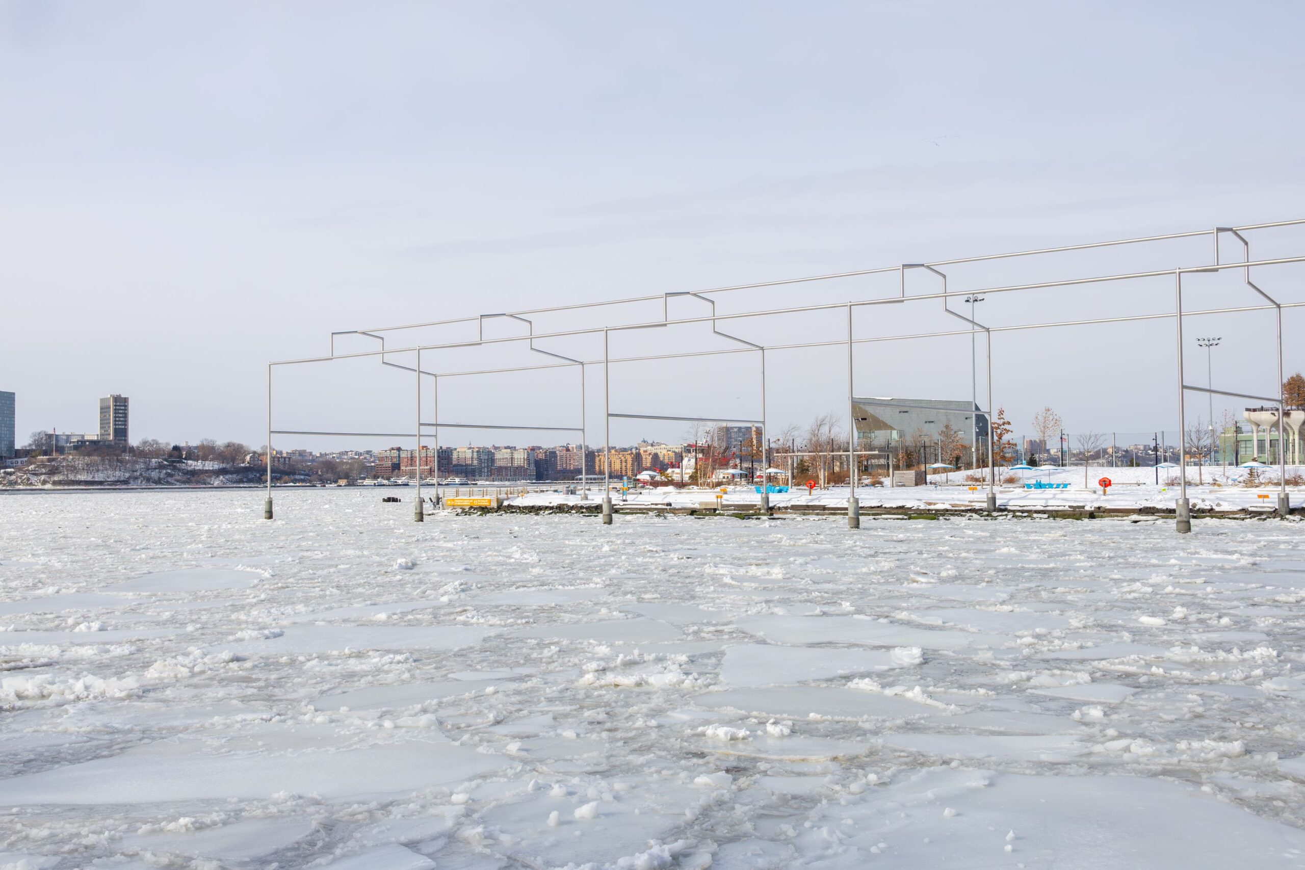 Ice floes travel along the Hudson River near Gansevoort Peninsula