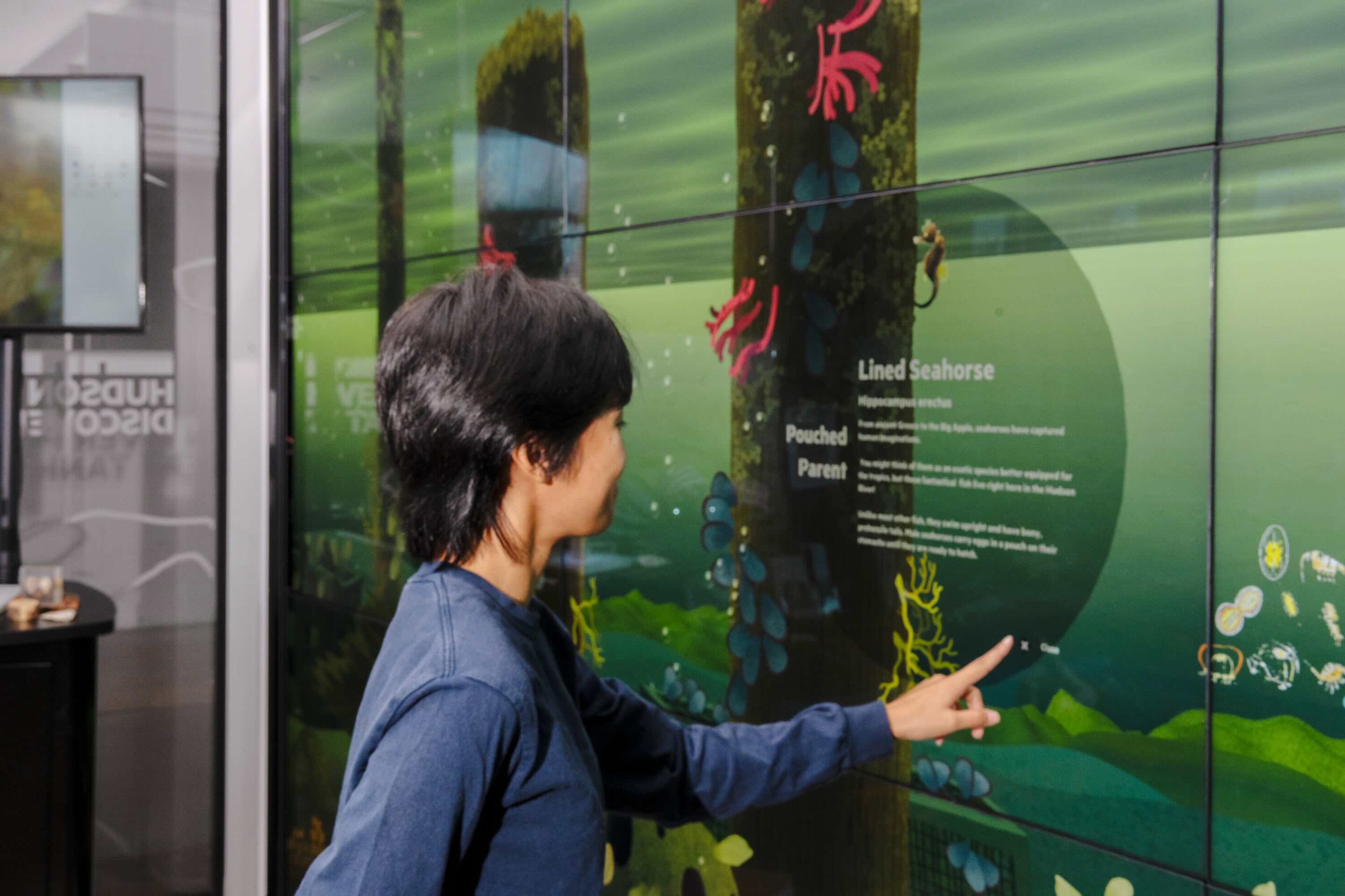 Person with short, dark hair engages with touchscreen interface
