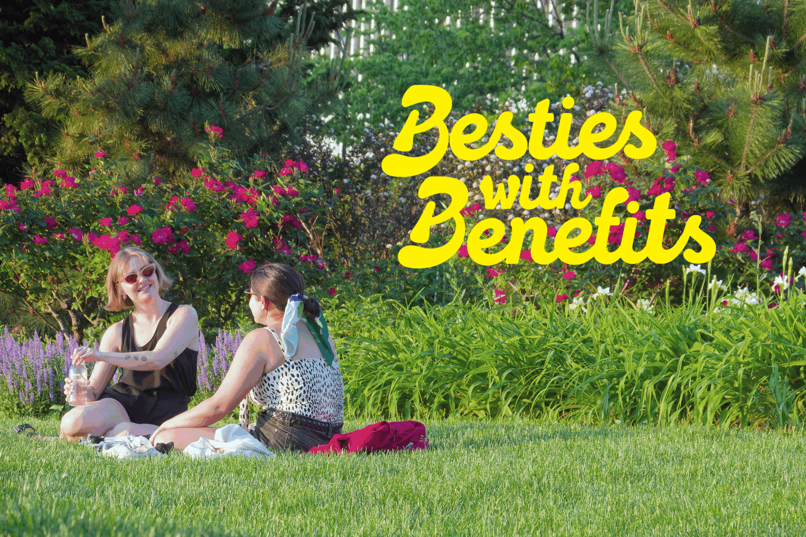 Two people sitting on a Park lawn; text overlaid reads "Besties with Benefits"